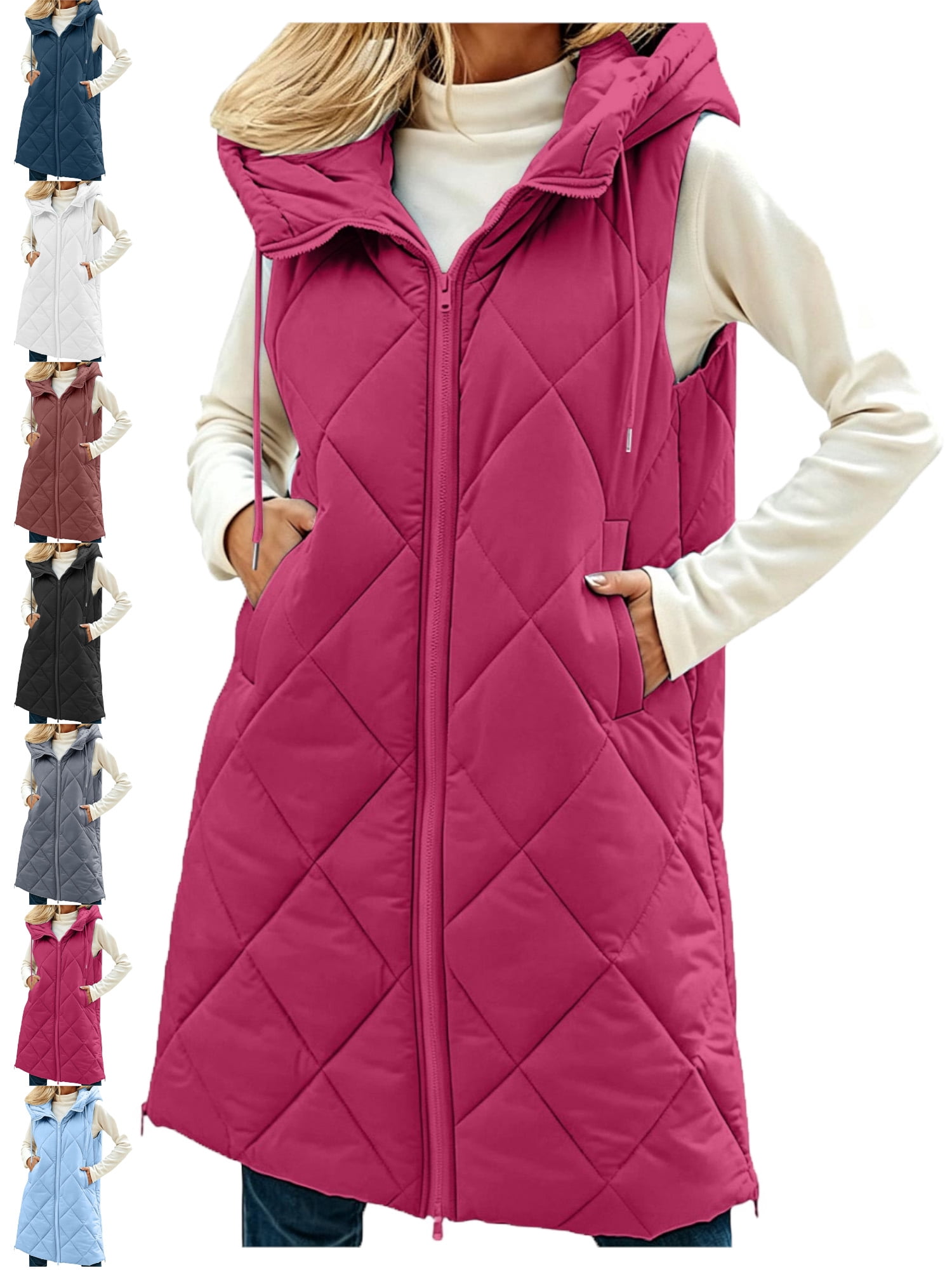 Womens Quilted Vest Hooded Mid Length Zip Front Casual Fall Winter Vest ...