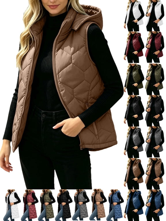 Womens Quilted Vest Lightweight Plus Size Puffer Hooded Full Zipper Gilets Sleeveless Padded Warm Jackets Winter Outerwear Layer Vest for Travel Hiking Daily Wear