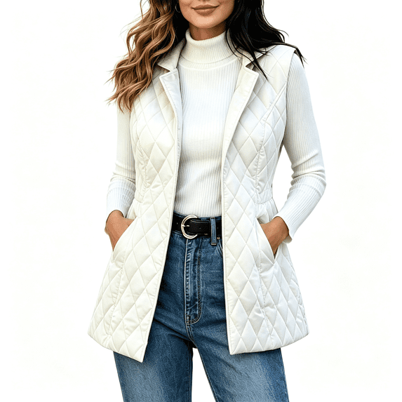 Womens Quilted Vest Outwear with Pockets Casual Fall Winter Lightweight Open Front Lapel Sleeveless Jacket White S