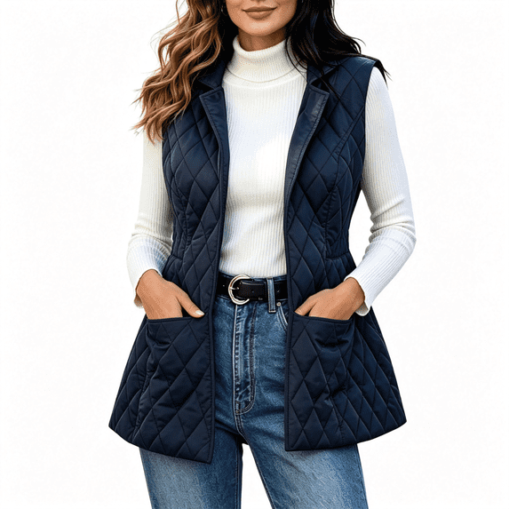 Womens Quilted Vest Outwear with Pockets Fall Winter Lightweight Lapel Open Front Casual Sleeveless Jacket Navy M