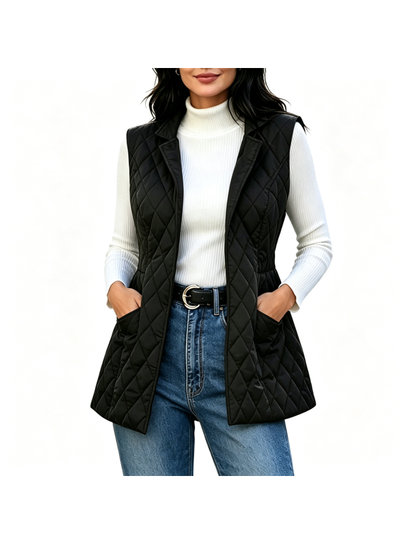 Womens Quilted Vest Outwear with Pockets Lapel Fall Winter Lightweight Casual Open Front Sleeveless Jacket Black 3XL