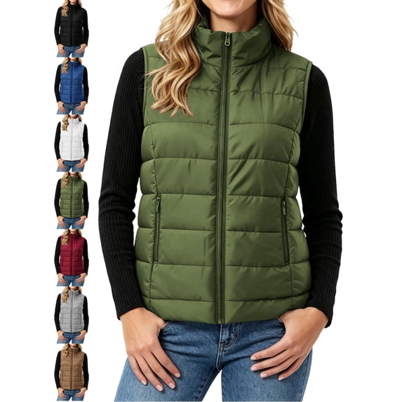 Womens Quilted Vest Padded Stand Collar Zip Front Side Pockets Cozy Everyday Vest