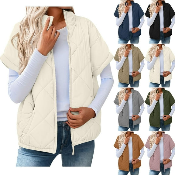 Womens Quilted Vest Stand-up Collar Sleeveless Gilet Winter Lightweight Casual Loose Jacket Cardigan Outerwear with Pockets