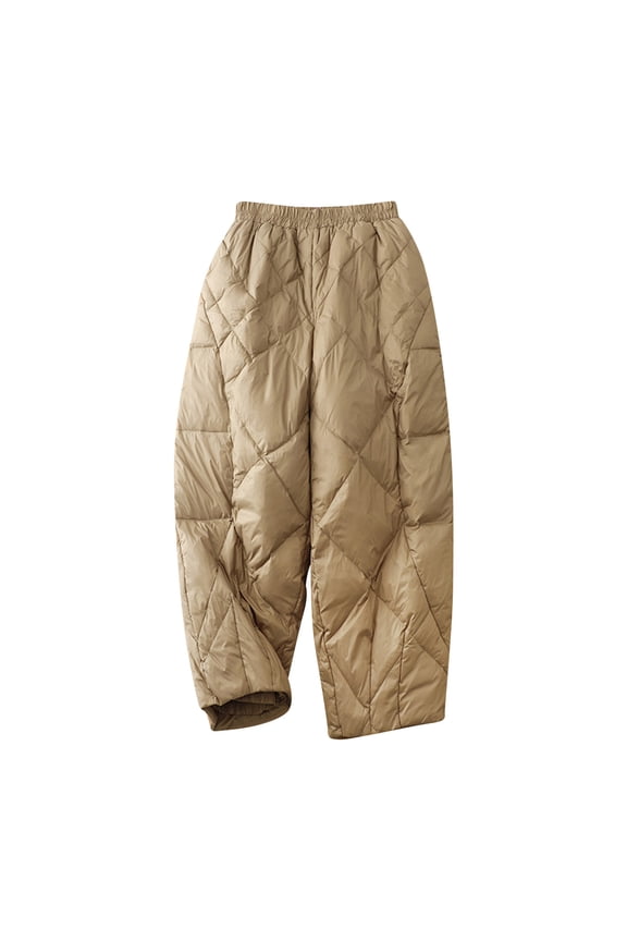 Womens Quilted Winter Pants Windproof Warm Lightweight Down Pant Wide Leg Baggy Elastic Waisted Barrel Trousers (M, Khaki)