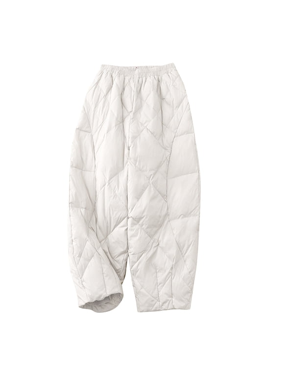 Womens Quilted Winter Pants Windproof Warm Lightweight Down Pant Wide Leg Baggy Elastic Waisted Barrel Trousers (M, White)