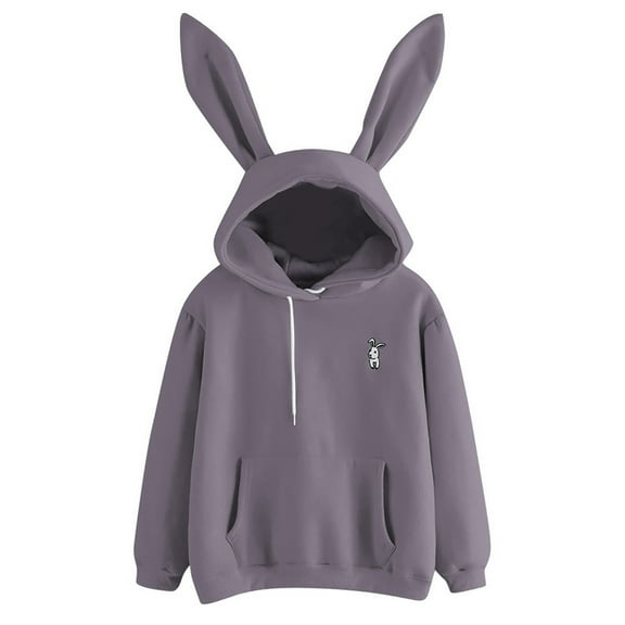 Womens Rabbit Ear Hoodie Cute Bunny Embroidery Sweatshirts Solid Color Long Sleeve Pullover Tops Fall Hoodies with Pocket