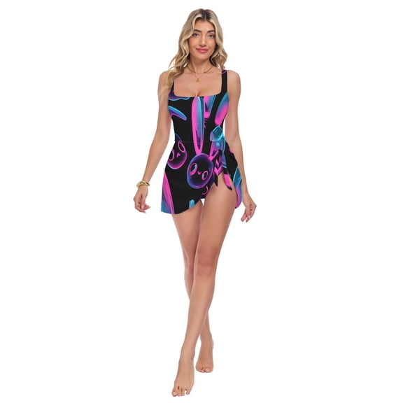 Womens Rabbit Head Pattern Print 2-in-1 Swim Dress Detachable Skirt One-Piece Swimsuit Square Neck S-XXL
