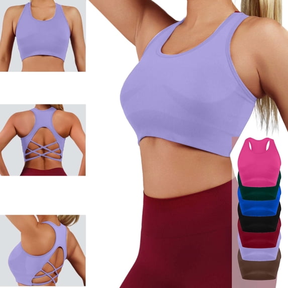 Womens Racerback Sports Bra with Removable Pads Cross Back Strappy Yoga Bra Medium Support Padded Athletic Workout Crop Top for Gym Running