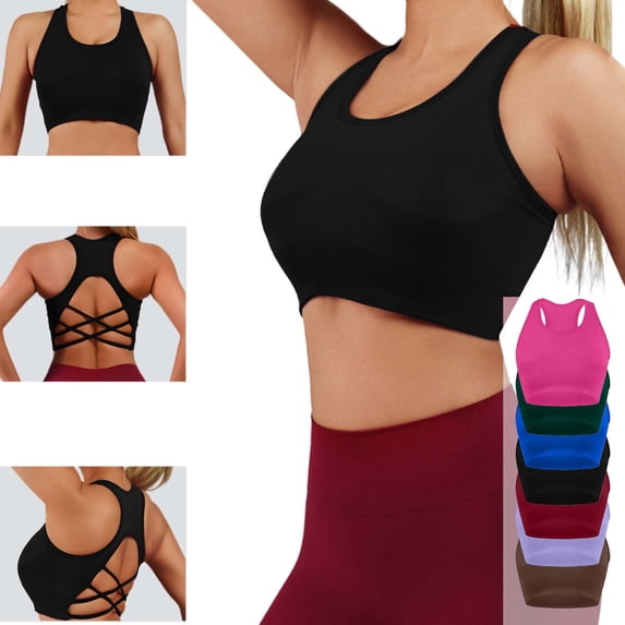 Womens Racerback Sports Bra with Removable Pads Cross Back Strappy Yoga Bra Medium Support Padded Athletic Workout Crop Top for Gym Running