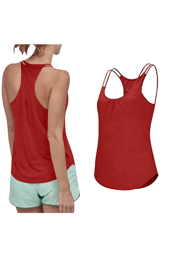Womens Racerback Tank Tops Workout Yoga Tees Scoop Neck Hollow-Out Strappy Sleeveless Gym Shirt with Pleats (L, Red)