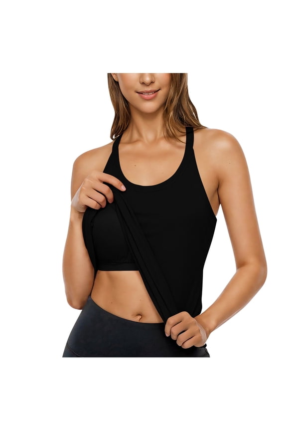 Womens Racerback Tank Tops with Built in Bra Casual Sport Workout Yoga T Shirt Sleeveless Athletic Gym Tees (2XL, Black)