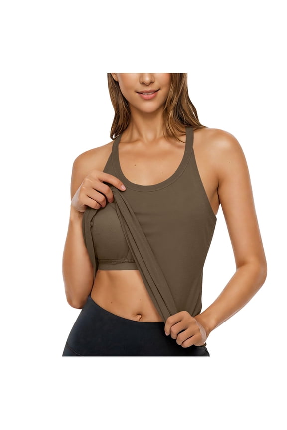 Womens Racerback Tank Tops with Built in Bra Casual Sport Workout Yoga T Shirt Sleeveless Athletic Gym Tees (2XL, Brown)