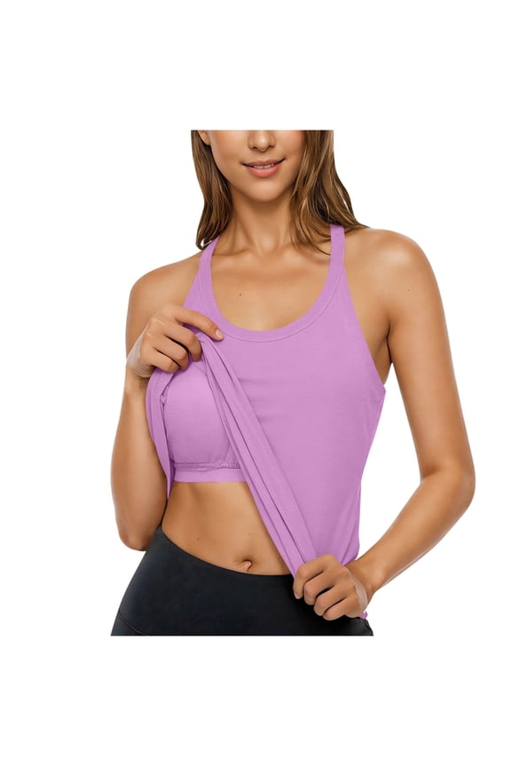 Womens Racerback Tank Tops with Built in Bra Casual Sport Workout Yoga T Shirt Sleeveless Athletic Gym Tees (M, Purple)