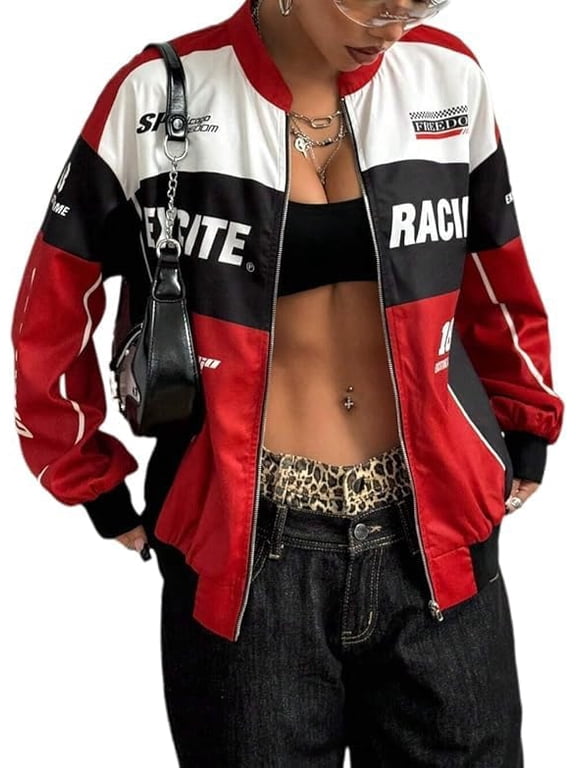 Womens Racing Jacket, Color Block Letter Graphic Bomber Jackets Vintage Zip Up Coat Lightweight Varsity Coats Y2k, Jacket Streetwear