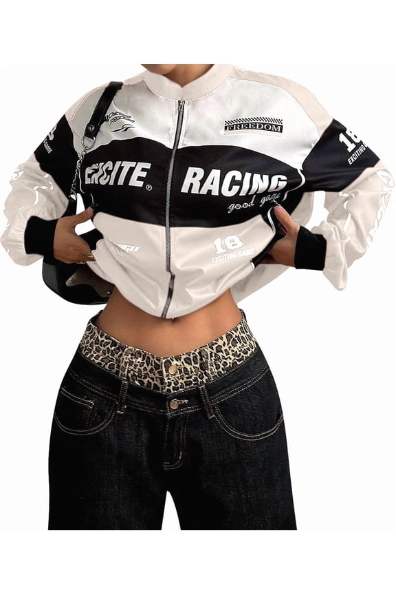 Womens Racing Jacket Fashion Vintage Zip Up Race Car Driver Jackets Streetwear Color Block Y2k Jacket Red S