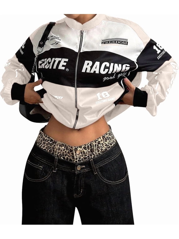 Womens Racing Jacket Fashion Vintage Zip Up Race Car Driver Jackets Streetwear Color Block Y2k Jacket Red S