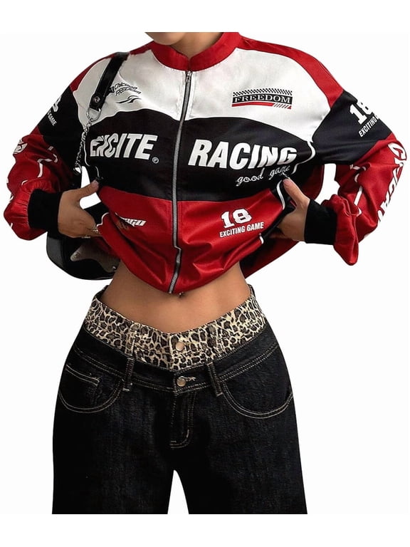 Womens Racing Jacket Fashion Vintage Zip Up Race Car Driver Jackets Streetwear Color Block Y2k Jacket White XS