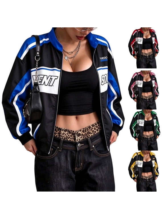 Womens Racing Jacket Loose Vintage Zip Up Race Car Varsity Bomber Jackets Fashion Racing Jacket Vintage Color Block Zip Up Race Car Driver Bomber Jackets Streetwear Y2k Jacket Sweatshirt
