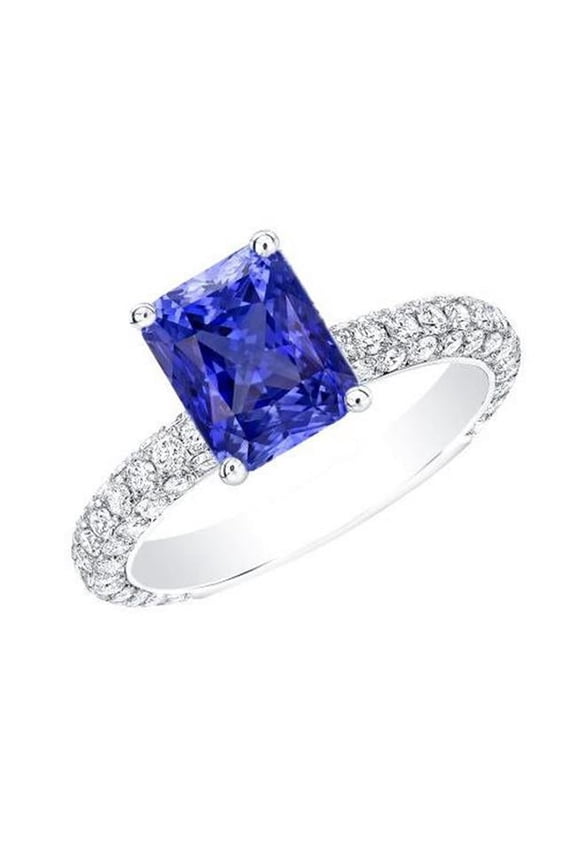 Womens Radiant Cut 3.50 CT Multi Row Pave Diamonds Sapphire Ring, Size 6.5