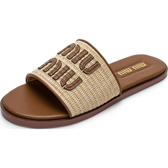 Womens Raffia Flat Sandals Open Toe Summer Beach Sandals Slip On Dressy Shoes