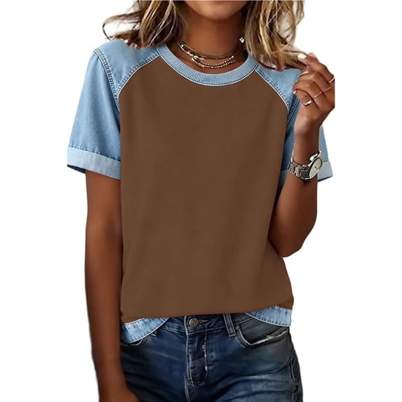 Womens Raglan Baseball Tee Denim Short Sleeve Mixed Material Casual Top Crewneck Relaxed Fit Khaki,Size S