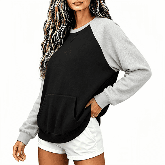 TKKCS Womens Raglan Crew Neck Sweatshirt Color Block Long Sleeve Pullover Loose Fit Casual Tops with Front Kangaroo Pocket Black L
