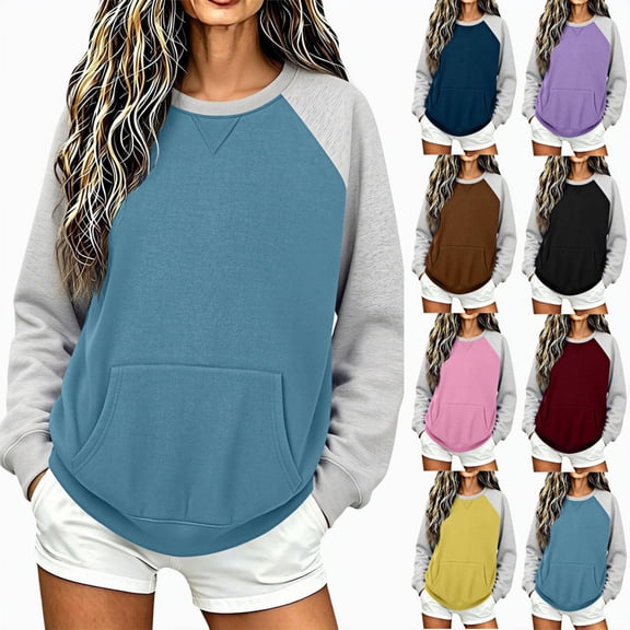 TKKCS Womens Raglan Crew Neck Sweatshirt Pullover Loose Fit Color Block Long Sleeve Casual Tops with Front Kangaroo Pocket Light Blue XL