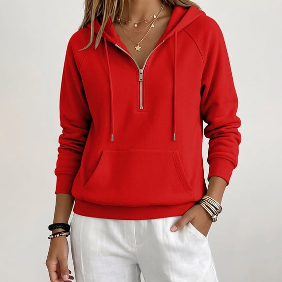 Womens Raglan Hoodies Half Zip Up Drawstring Long Sleeve Sweatshirts Fall Loose Casual Hooded Sweatshirts with Pocket, L