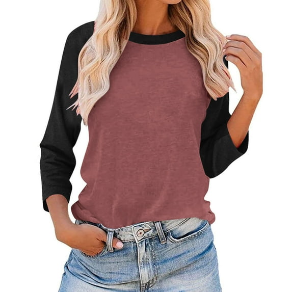 Womens Raglan Long Sleeve Shirts Round Neck Loose Casual Tshirts Color Block Trendy Baseball Tees Tops Fall Lightweight Pullover
