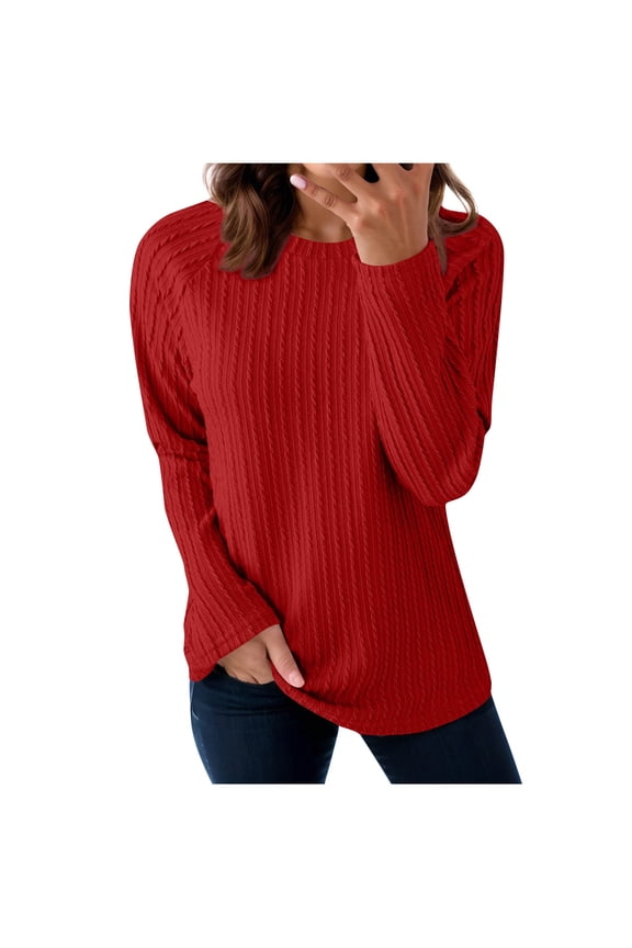 Womens Raglan Long Sleeve Tops Textured Solid Color Trendy Fall Clothes Crewneck Pullover Casual Sweatshirts (M, Red)