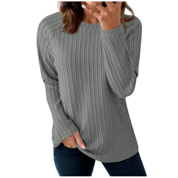 Womens Raglan Long Sleeve Tops Textured Solid Color Trendy Fall Clothes Crewneck Pullover Casual Sweatshirts (S, Gray)