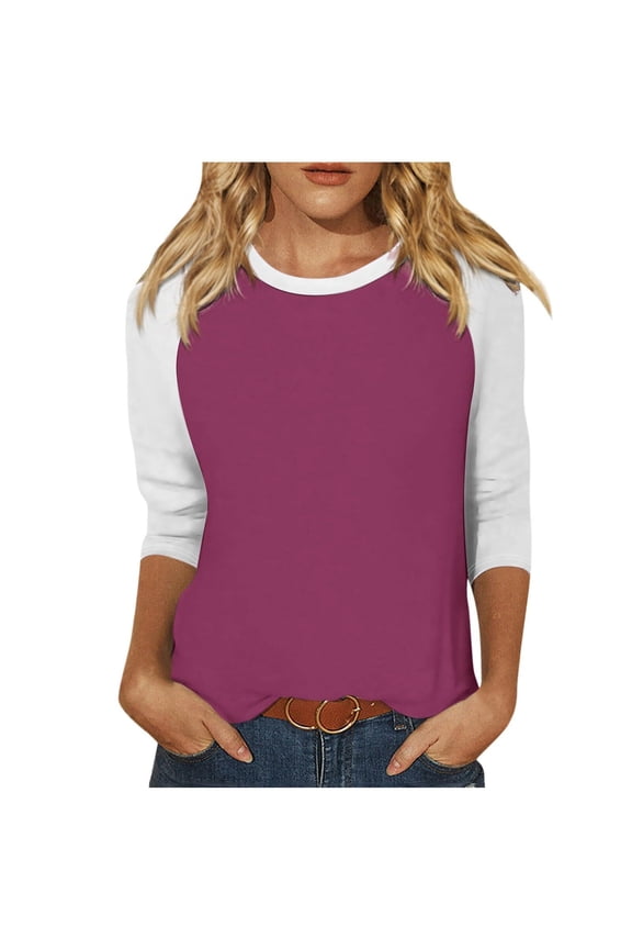 Womens Raglan Shirt 3/4 Length Sleeve Tops Crewneck Casual T-Shirts Base Tees Loose Fit Tshirts, Purple M