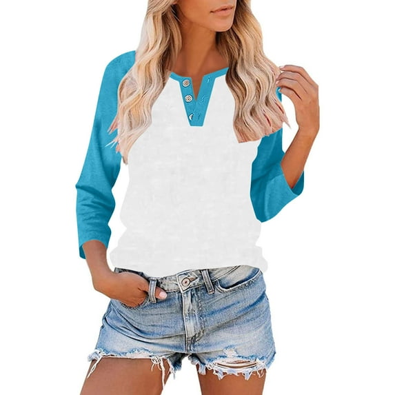 Womens Raglan Shirt 3/4 Sleeve Baseball Tee Crewneck Casual Loose Fit Tops Lightweight Summer Tunic Blouses