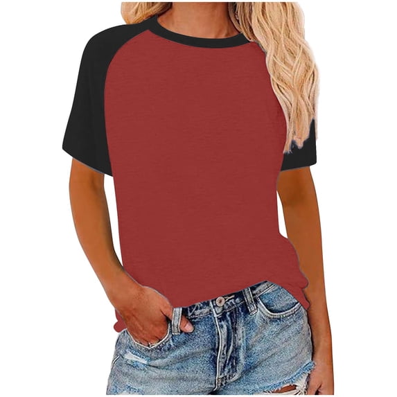 Womens Raglan Shirt Summer Colorblock Tshirts Loose Fit Casual Basic Crew Neck Tees Short Sleeve Plus Size Tunic Tops (S, Wine)