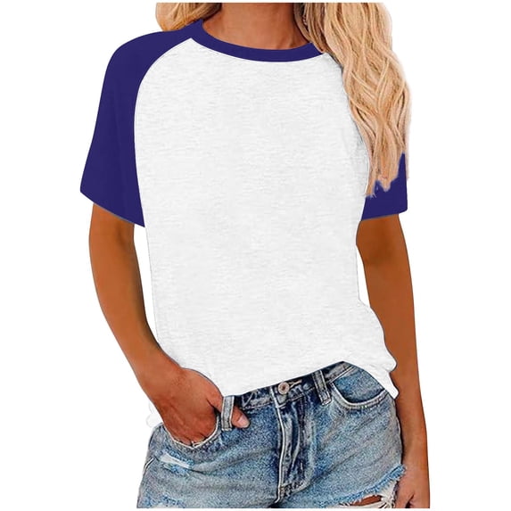 Womens Raglan Shirt Summer Colorblock Tshirts Loose Fit Casual Basic Crew Neck Tees Short Sleeve Plus Size Tunic Tops (XL, Dark Blue)