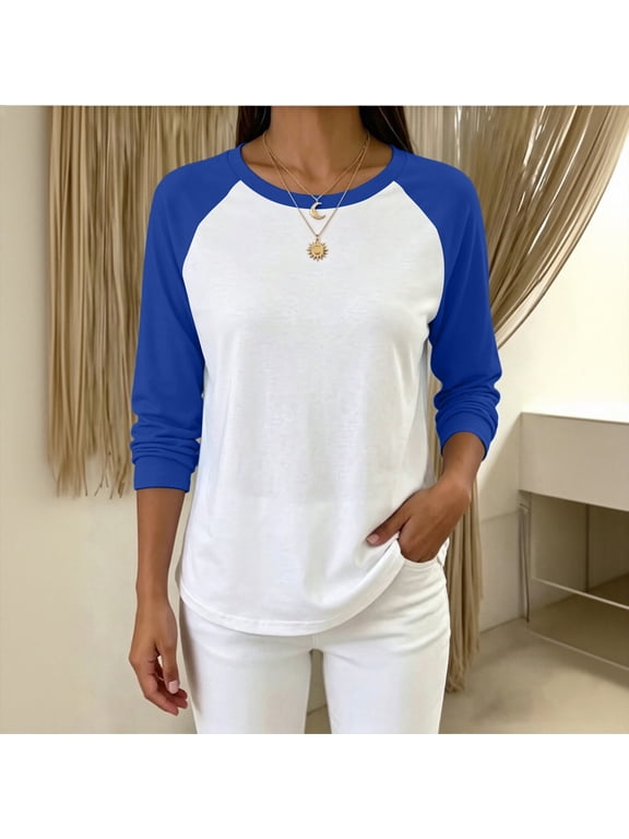 Womens Raglan Shirts Long Sleeve Color Block Baseball Tees 2026(Blue,M)