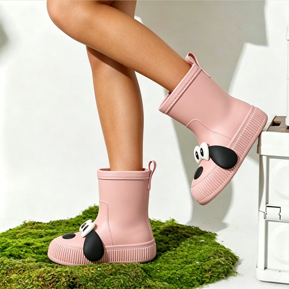 Womens Rain Boots Cute Big Eye Mid Calf Waterproof Non Rubber Outdoor Rainboots For Ladies With Fun Design And Comfortable All Day Support