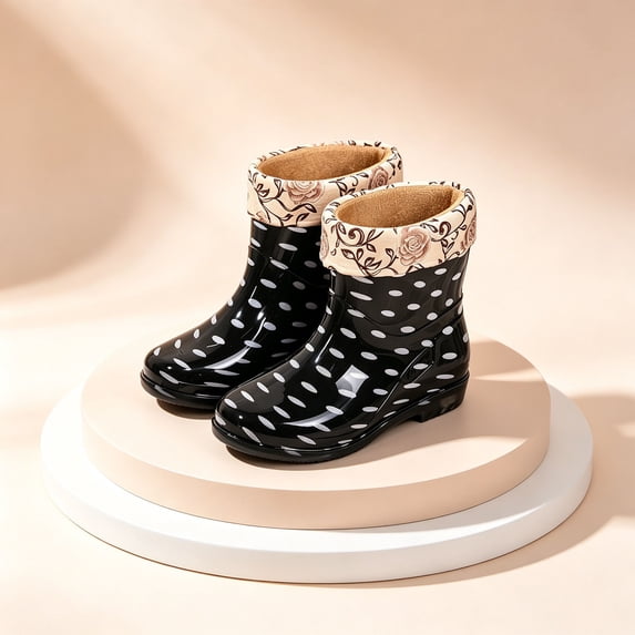 Womens Rain Boots Polka Dot PVC Mid Calf Floral Trim Fleece Lined Waterproof Slip On Rainboots For Ladies With Warm Interior And Stylish Detail