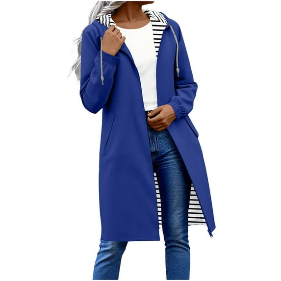 Womens Rain Coats Solid Color Waterproof Windproof Hooded Jacket Striped Outdoor Loose Outerwear with Pocket Blue XL