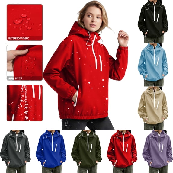Womens Rain Jacket Casual Full Zip Hooded Long Sleeve Solid Color Zip Up Windbreaker with Pockets