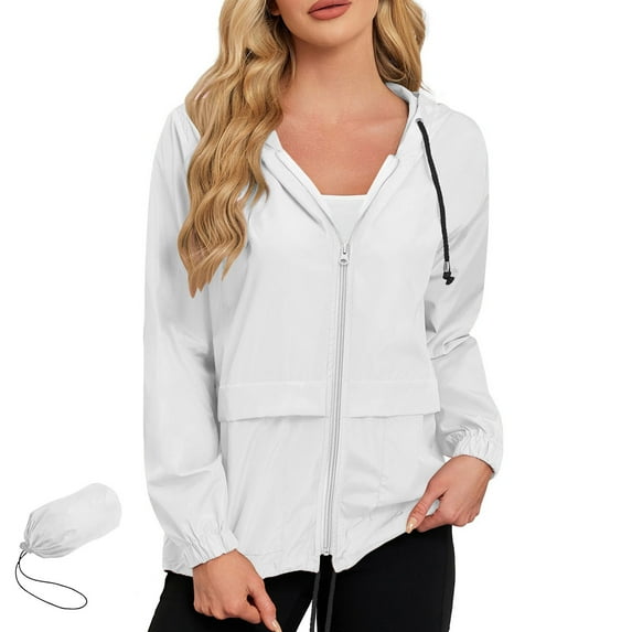 Womens Rain Jacket with Hood Waterproof Windbreaker Light Weight Packable Rain Jacket Cute Thin Ladies Raincoat Long Sleeve Zip Up Winter Warm Jackets with Pockets Active Wear