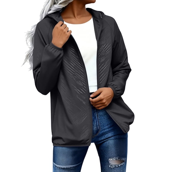 Womens Rain Jacket with Hood Windbreaker Lightweight Zip up Raincoat Plus Size Summer Outfits Loose Fit Long Sleeve Tops Packable Rainy Day Outfits,Black,M