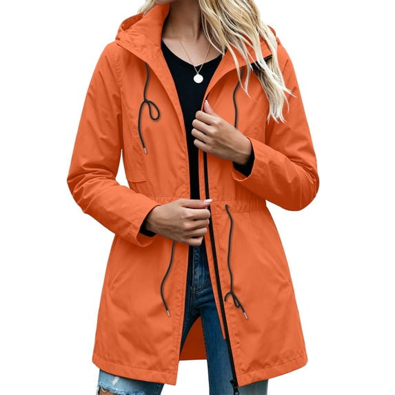 Womens Rain Jacket Hooded Waterproof Waist Cinched Coat Casual Long Trench Windbreaker with Pockets Lightweight Raincoat A-Orange 3XL