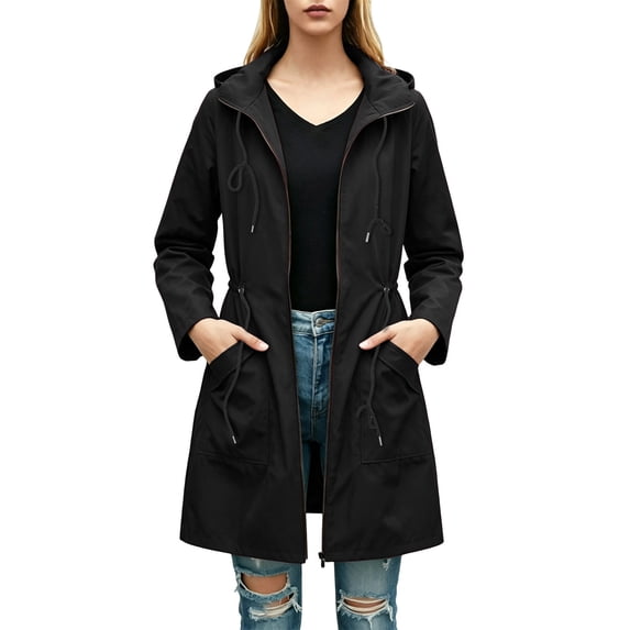 Womens Rain Jacket Hooded Waterproof Waist Cinched Coat Casual Long Trench Windbreaker with Pockets Lightweight Raincoat Black XXL