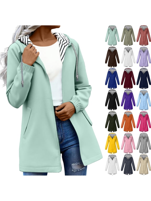 Womens Rain Jacket Waterproof Coat with Hood Solid Outdoor Plus Size Hooded Raincoat Windproof Pocket Coat