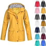 Womens Rain Jacket Waterproof Coat with Hood Women Solid Rain Jacket Outdoor Plus Size Hooded Raincoat Windproof Yellow 5XL Fall