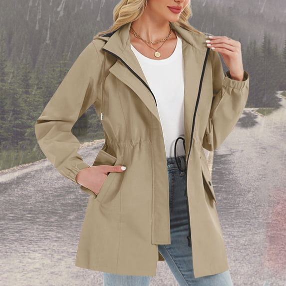 Womens Rain Jacket with Detachable Hoodies Lightweight Full Zip Waterproof Windbreaker Outdoor Hiking Travel Trench Raincoat with Pockets Khaki L