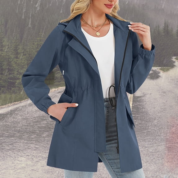Womens Rain Jacket with Detachable Hoodies Lightweight Full Zip Waterproof Windbreaker Outdoor Hiking Travel Trench Raincoat with Pockets Navy XXL