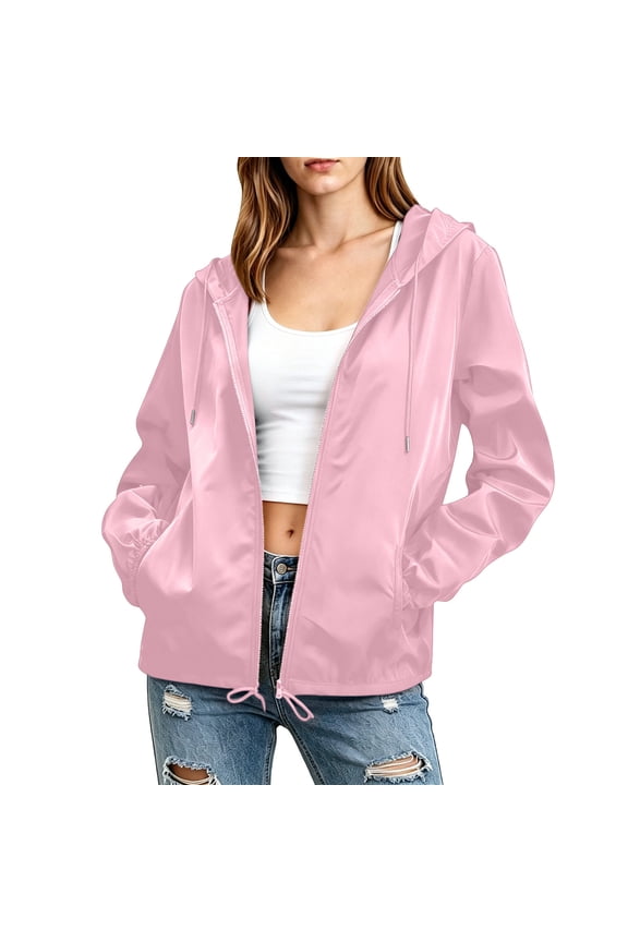 Womens Rain Jacket with Hood Lightweight Full Zipper Waterproof Raincoats Outdoor Hiking Travel Jackets Parka Pink, L