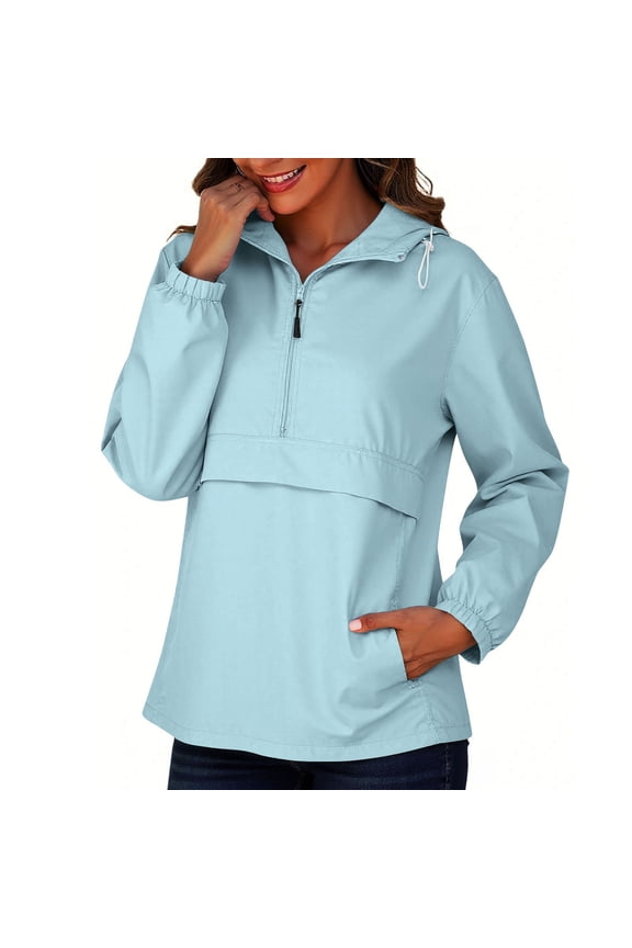 Womens Rain Jacket with Hood Pullover Packable Lightweight Windbreaker Waterproof Breathable Outdoor Jacket Light Blue XXL